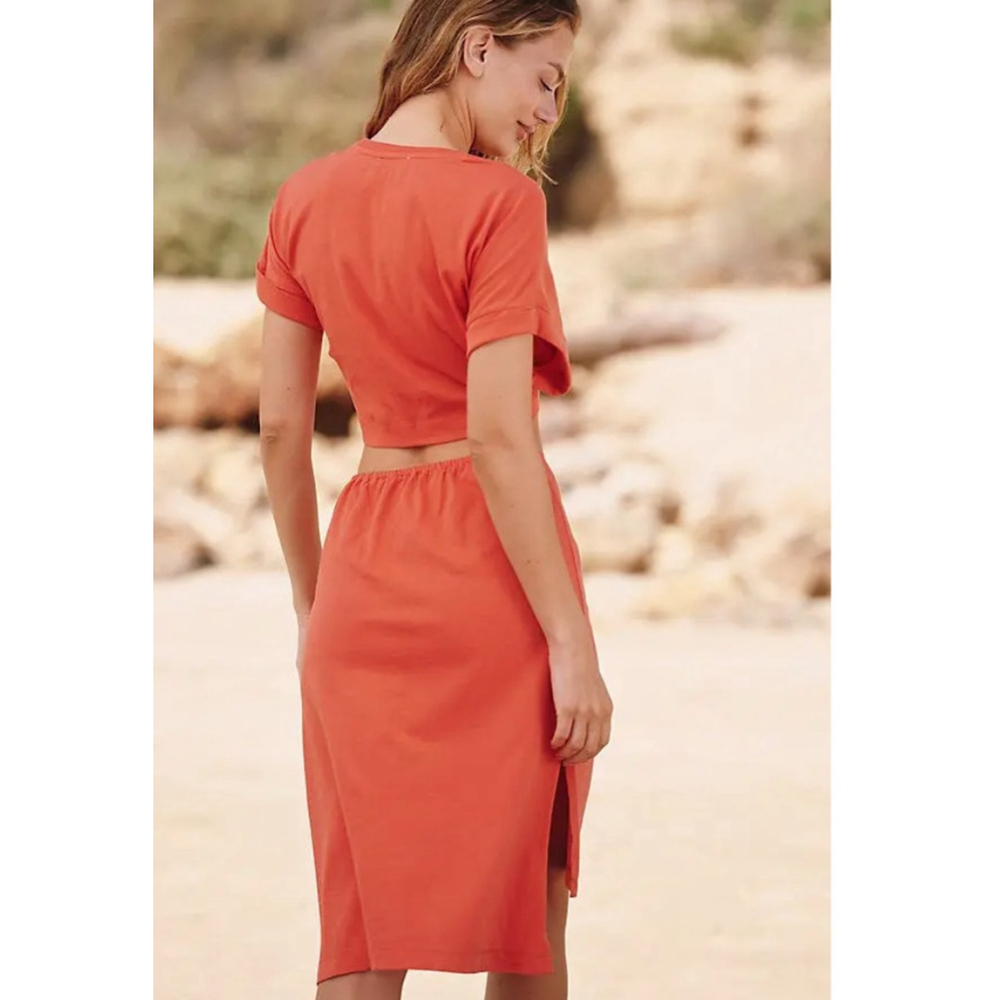 Knot-Front Orange Midi Dress with Cutout - Picture 3 of 14